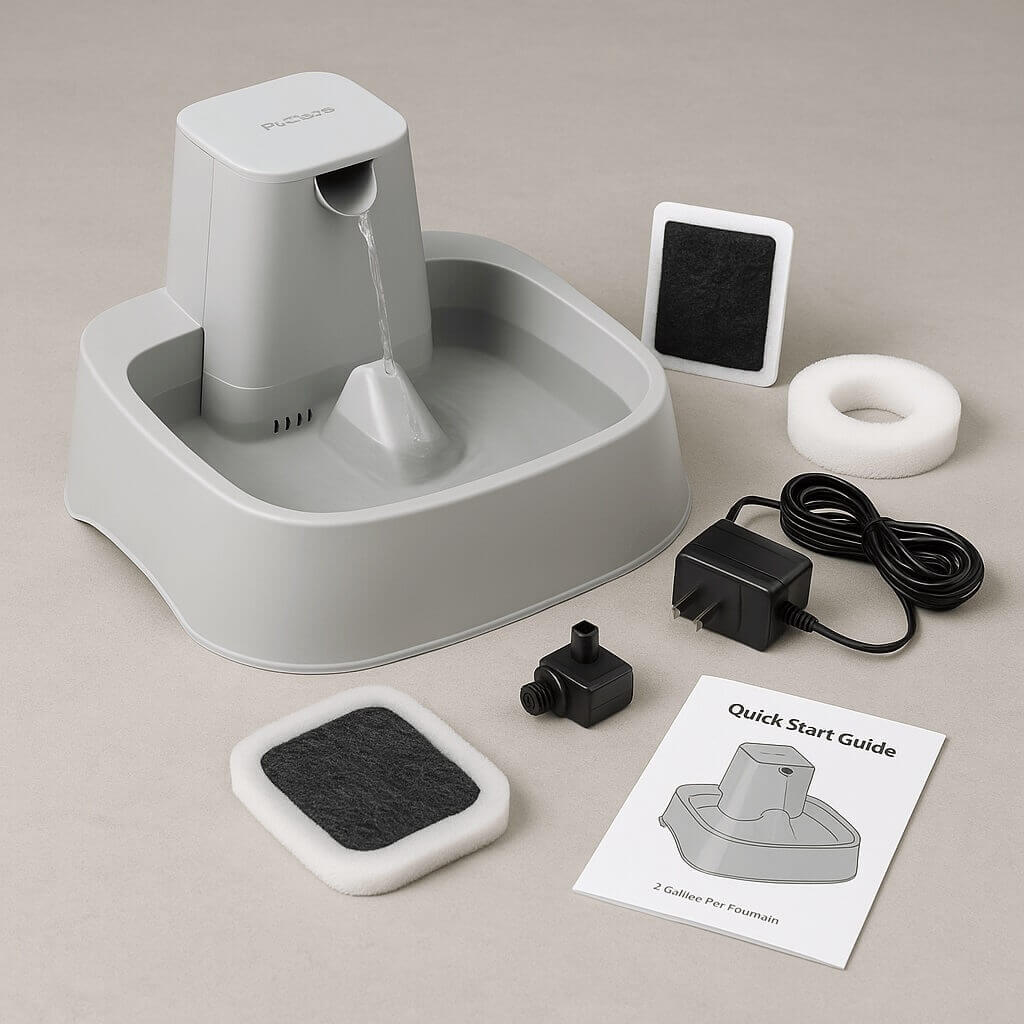 Unboxed contents for PetSafe Drinkwell 2-Gallon Fountain: fountain bowl, tower, pump, filters, adapter, guide