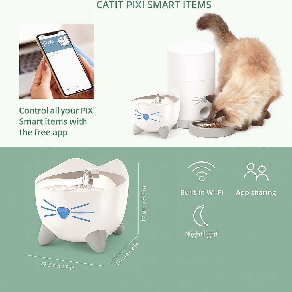 Catit PIXI Smart Fountain box contents: fountain with UV-C, triple-action filter, USB adapter