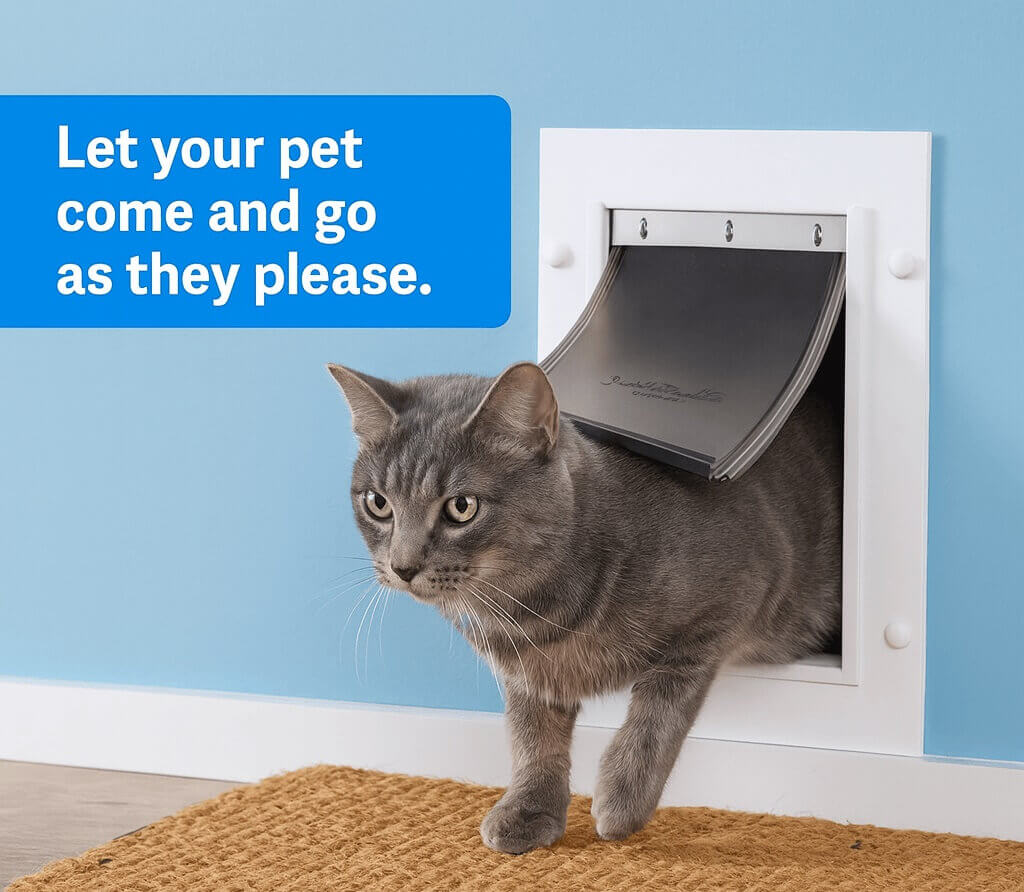 How the PetSafe Wall Entry Pet Door works – telescoping frame, weatherproof flap, and energy-efficient insulation