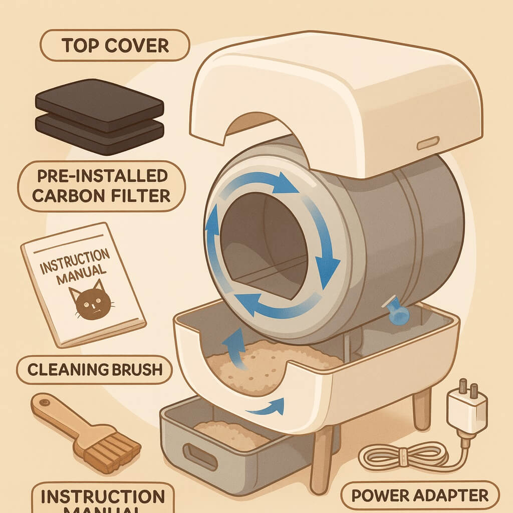 Unboxing Cumrige Self-Cleaning Litter Box – includes automatic unit, power adapter, manual, and garbage bags