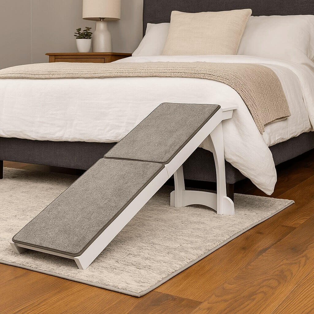 PetSafe CozyUp Wooden Bed Ramp for Cats & Dogs – Furniture-grade wood with high-traction carpet surface, White